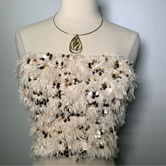 ZARA NWT Fuzzy Feathers Sequin Tube Top strapless Size S ref 2157/240 festival - Picture 6 of 10